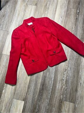 Alfred Dunner red faux suede jacket with a zip-up front and front pocket